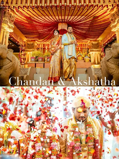A moment of pure joy as Chandan and Akshatha are showered with flower petals during their traditional South Indian wedding ceremony. I focus on capturing these vibrant, unscripted emotions that make your day unique.