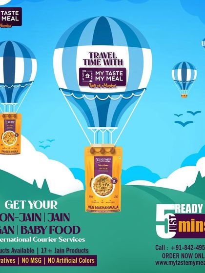 Whether you are traveling by plane or hot air balloon, my meals are ready to go with you. I have options for everyone, including Non-Jain, Jain, Vegan, and Baby Food, all delivered through our international courier service.