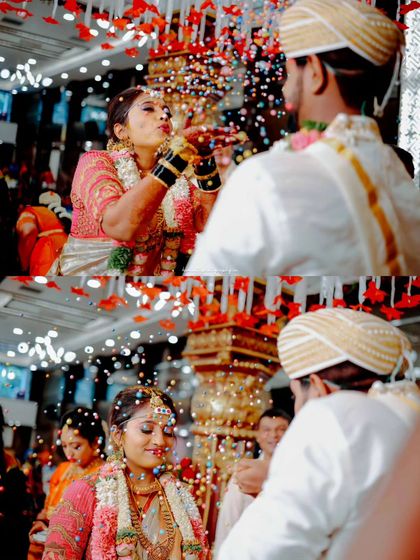 A fun and playful moment during the rice-throwing ceremony. The bride blowing a handful of rice towards the groom shows the lighthearted side of wedding traditions.