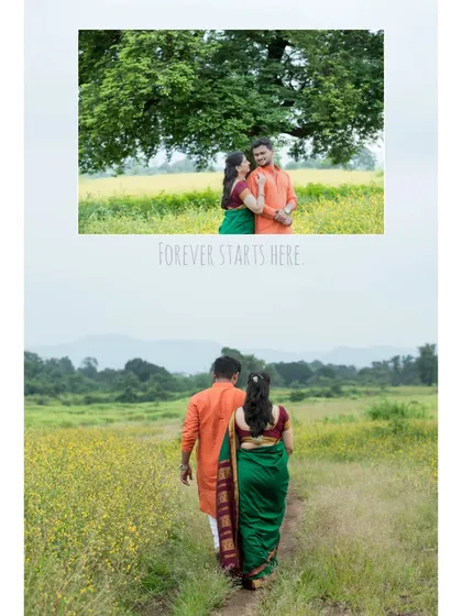 A two-part image telling a story of new beginnings. The top photo shows the couple looking at each other, while the bottom captures them walking away together down a path in the field, symbolizing their journey forward into parenthood.