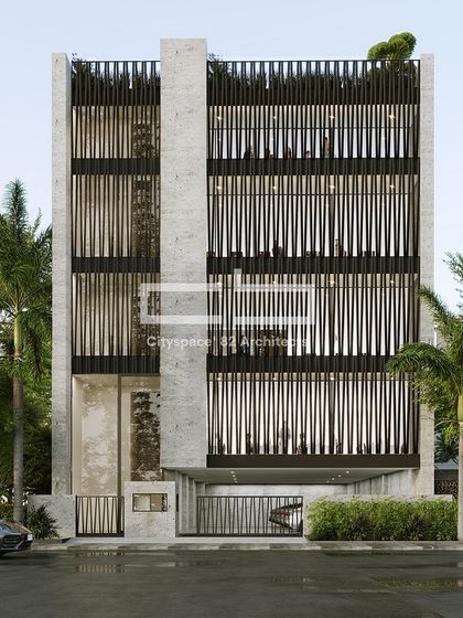This modern facade features sleek lines and the elegance of raw concrete. The exquisite pattern of vertical slats creates a sense of openness, allowing the occupants to connect with nature.