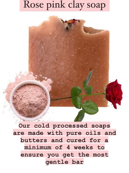 An informational graphic explaining the benefits of my Rose Pink Clay soap and the cold-process method I use to create gentle, high-quality bars.
