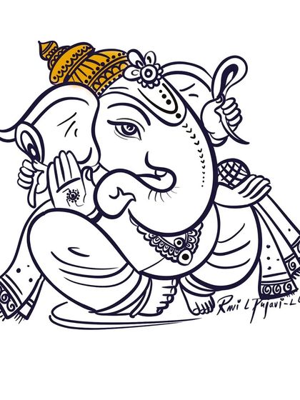 A festive illustration of Lord Ganesha to celebrate the Gauri Ganesha festival. The design uses clean lines with a touch of color on the crown, blending traditional and modern styles.