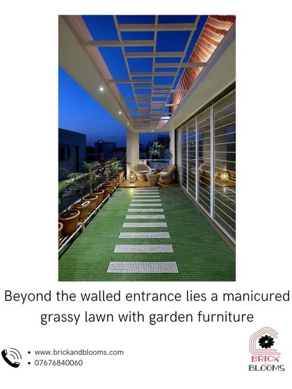 A simple and elegant balcony design featuring a manicured artificial lawn and a stepping stone path. The overhead pergola adds architectural interest and provides partial shade.