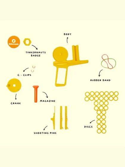 Here are all the parts included in the disc launcher kit, from the 3D-printed body to the rubber bands and discs.