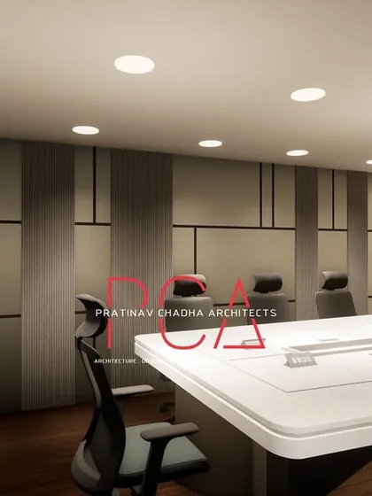 This render of the Narela conference room focuses on the geometric wall paneling. The design adds a layer of visual interest without disrupting the room's minimalistic and professional ambiance.