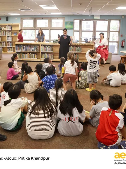 Our Elementary School library hosts literacy fun for students and parents. Guest storyteller Pritika Khandpur captivates our young learners with the interactive story of Elfy the Elephant, filling the library with laughter and joy.