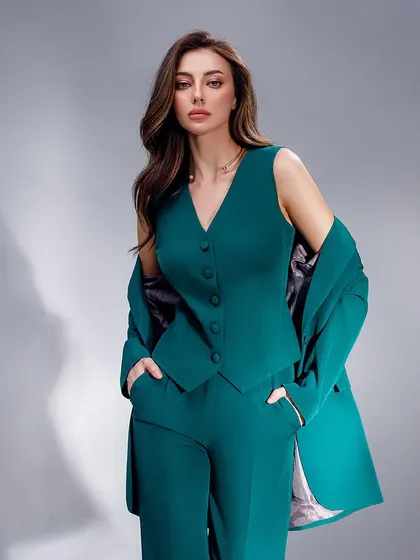 I love working with bold colors, like this stunning teal. This three-piece set includes a tailored blazer, a fitted V-neck waistcoat, and matching trousers, creating a powerful monochromatic look.