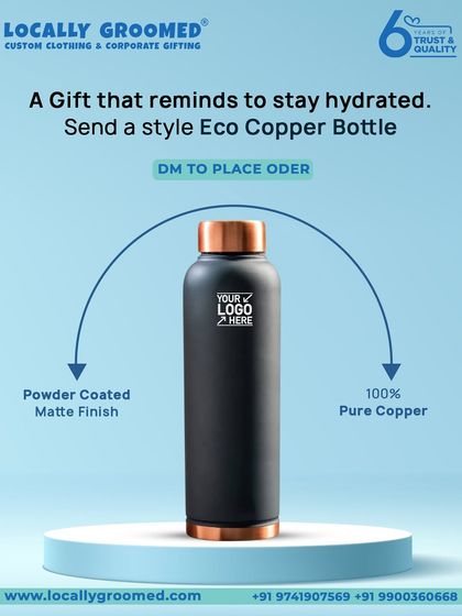 A gift that encourages wellness and sustainability. This stylish eco-copper bottle features a powder-coated matte finish and is made of 100% pure copper, with plenty of space for your custom logo.