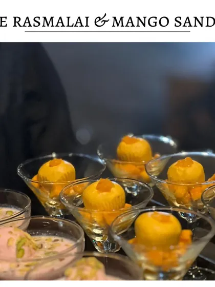 A fusion of Indian desserts. This tray features both Rose Rasmalai, with its delicate floral notes, and Mango Sandesh, celebrating seasonal fruit.