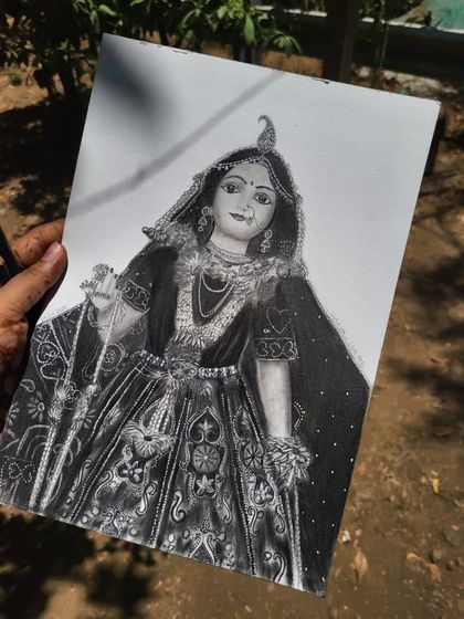 The completed Radha Rani sketch, a symbol of love and devotion. After starting over to get it just right, I finally finished this piece, pouring all my faith into the details.
