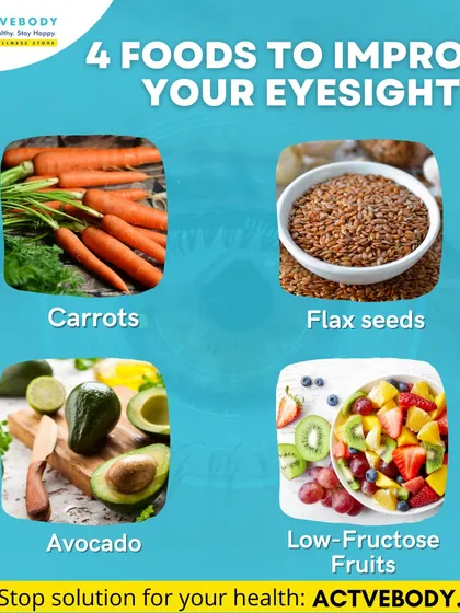 Here are four foods to improve your eyesight naturally. This infographic highlights carrots, flax seeds, avocado, and low-fructose fruits as eye-boosting foods that support and enhance your vision.