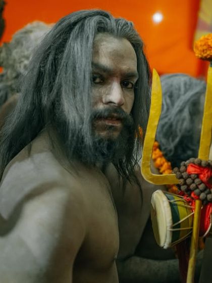 A striking portrait of a young Naga sadhu holding a trishul (trident). His direct and intense gaze is powerful and speaks of his fierce devotion.