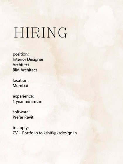 Studio KSD in Mumbai is hiring for multiple positions, including an Architect and a BIM Architect, with a preference for candidates skilled in Revit.