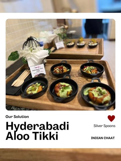 Hyderabadi Aloo Tikki served in individual black bowls. These spiced potato patties are shallow-fried until crisp and served with flavorful toppings.