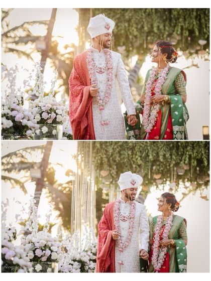 A collage of stunning sunset portraits of the couple on their wedding day.