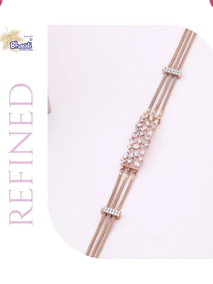 The fusion multi-chain bracelet, a refined piece for the modern woman. This design combines multiple delicate rose gold chains with a central panel of scattered diamonds for a sophisticated, textured look.