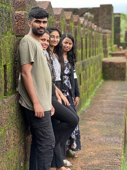 Friends posing at the historic Mirjan Fort.