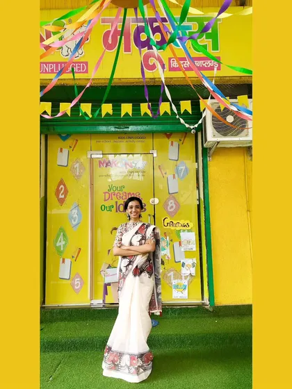 Here I am, standing proudly in front of my dream, Makoons Preschool. This bright and welcoming space is designed to make every child feel happy, safe, and inspired to learn.