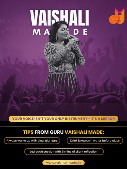 A tip from Guru Vaishali Made: your voice is a mirror of your soul. This graphic shares simple but profound habits like warming up with slow 'alankars' and ending sessions with silent reflection to deepen your practice.