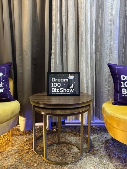 Another view of the podcast studio with the custom cushions. Hand embroidery can add a personal and professional touch to any brand's physical space.