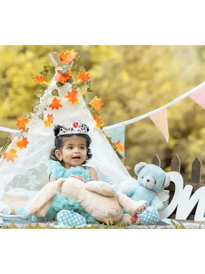Princess Nitya looking adorable in her little tiara during her first birthday shoot. The setup is styled with soft toys and autumn leaves on the teepee to create a whimsical, fairytale feel.