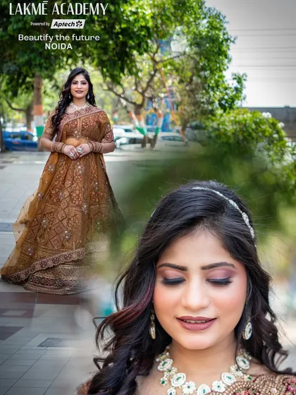 A beautiful example of a student's work on a contemporary bridal look. The soft brown lehenga and subtle makeup highlight the skills learned in our advanced bridal courses.