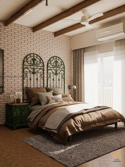An industrial-vintage bedroom with a custom bed featuring a back panel inspired by a vintage gate. The design is complemented by a white brick wall and herringbone wooden flooring.
