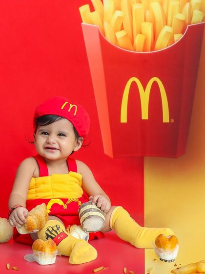 A happy meal personified. This baby's joyful smile and playful pose make this McDonald's-themed shoot a memorable one.