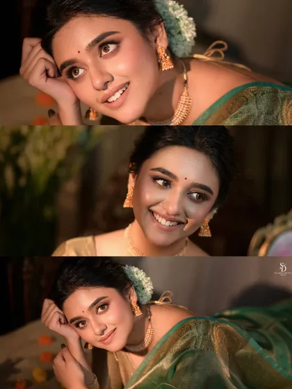 A collage of expressive portraits of a model in a green saree. The different angles and smiles showcase her personality and the beauty of the traditional attire in a dynamic way.