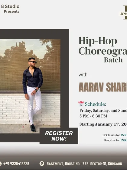 Mark your calendars for our upcoming hip-hop batch. This poster announces the official start date for Aarav Sharma's popular choreography class, with sessions every Friday, Saturday, and Sunday.