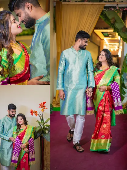 This collage showcases Prachi and Sandeep in another beautiful set of traditional outfits, capturing both posed and candid moments from their celebration.