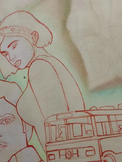 A close-up of the line work for the 'Bombay to Goa' poster before the colors are filled in. Every detail is first drawn by hand.