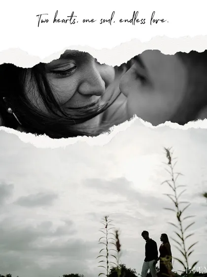 A creative collage combining a tender black and white close-up with a wide shot of the couple in a field. The torn paper effect adds an artistic, scrapbook-like feel to the memory.