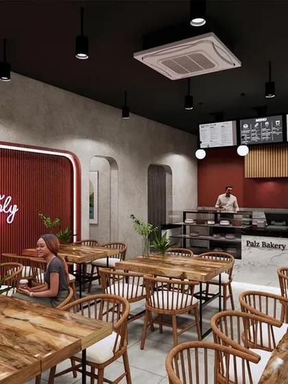 A 3D visualization for a cozy and rustic cafe. I used live-edge wood tables, warm red accents, and a "good vibes only" neon sign to create an inviting and trendy atmosphere for the client's new venture.