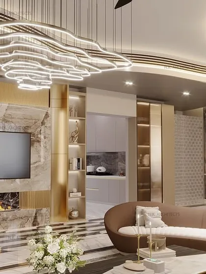 Luxury redefined in this open-plan living and dining space. A seamless curved ceiling flows effortlessly to create a sense of grandeur, while a bold checkered floor inlay adds a touch of modern sophistication.