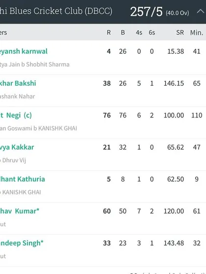 The batting scorecard for Delhi Blues, with strong contributions from Ankit Negi and Vaibhav Kumar.