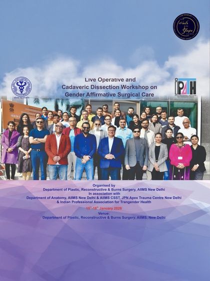 A group photo with the faculty and participants of the Gender Affirmative Surgical Care workshop at AIIMS. It's inspiring to be surrounded by so many professionals dedicated to inclusive healthcare.