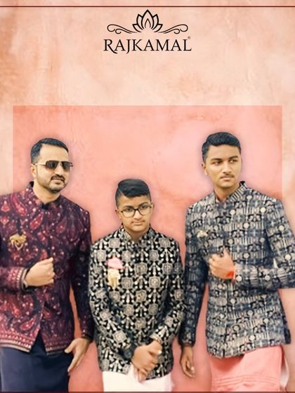 A group of clients styling a wedding collection of the moment. The man on the left wears a modern printed jacket with a pink kurta, showcasing a vibrant festive look.
