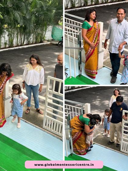 A teacher greets a new student with a warm hug, showcasing the caring and nurturing environment we cultivate to make every child feel safe and loved.