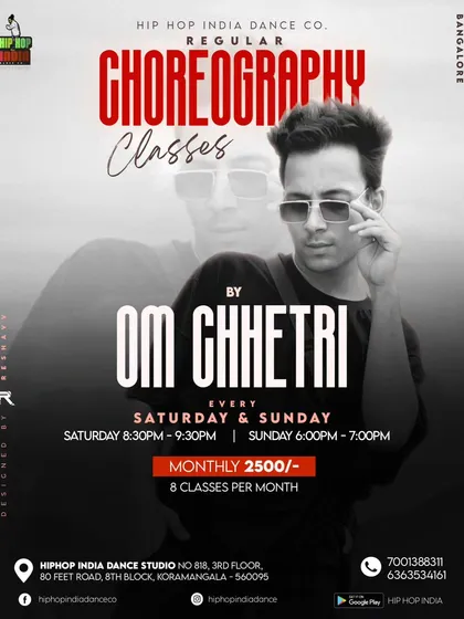 The official poster for our regular choreography classes, offering 8 classes per month to hone your performance skills.