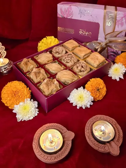 My sweets are made for celebrations. This festive Baklava box, surrounded by diyas and marigolds, is perfect for gifting during Diwali or any special occasion. It’s a ready-to-share box of happiness.