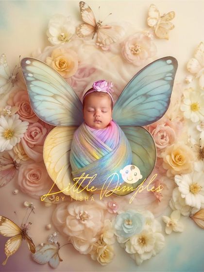 Your little butterfly. This composite image combines a photo of a beautifully wrapped baby with delicate, pastel butterfly wings and flowers for a truly magical fairy-tale portrait.