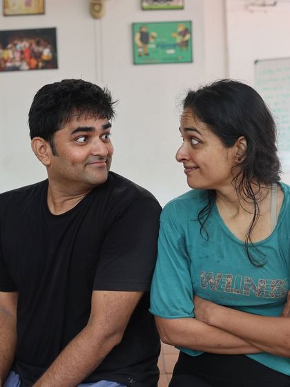 The actors of "Gretel" look at each other during a rehearsal.