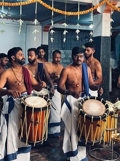 This is our team, Rhythm Of Kerala! We are a group of passionate artists dedicated to bringing the authentic sounds and traditions of Kerala to your celebrations in Bangalore.