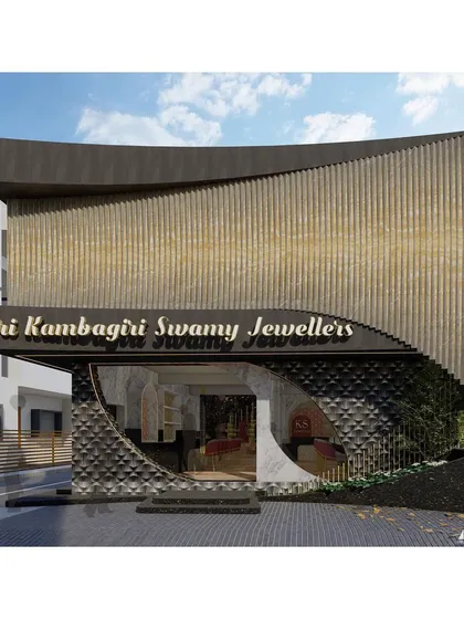Here is the same retail facade in daylight, revealing the intricate details of the design. The contrast between the dark, geometric base and the sweeping curve of the upper structure creates a dynamic visual tension, establishing a powerful brand presence.