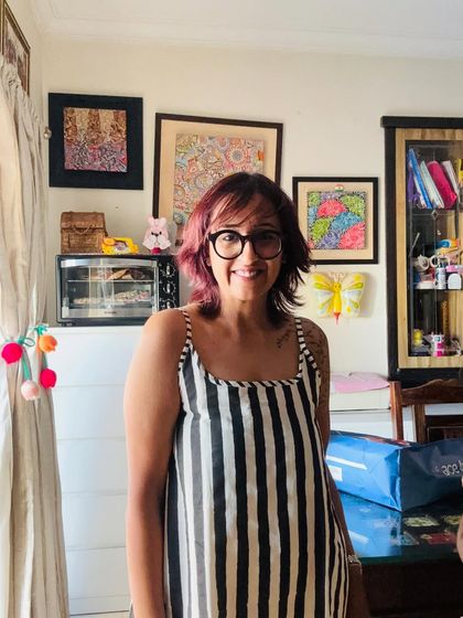 Another shot of my Sunday outfit. My home is filled with art, color, and things that make me happy.