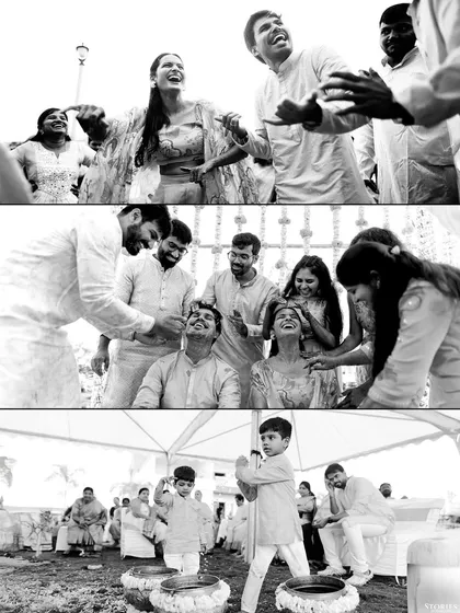 A black and white collage of candid moments from the Haldi, focusing on the dancing, the playful smearing of turmeric, and the family interactions.
