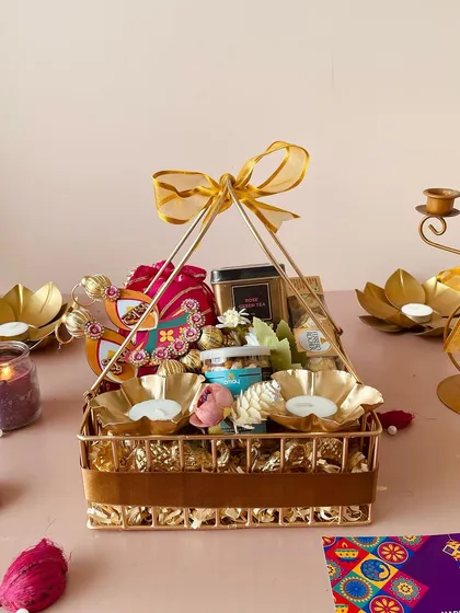 Another angle of the luxe metal basket, showing the intricate design of the basket itself and the premium items within.