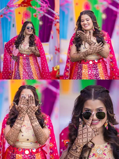 A collection of fun and stylish bridal portraits from a Mehendi event, with the bride showing off her intricate henna designs.